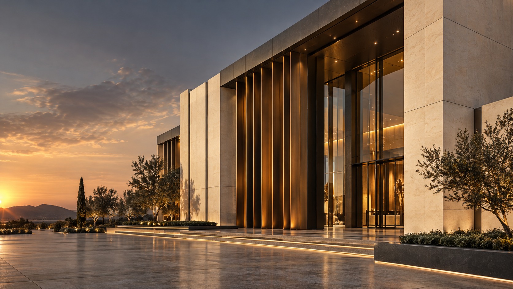 Seramik cephe kaplamalı modern binanın temsili mimari renderı