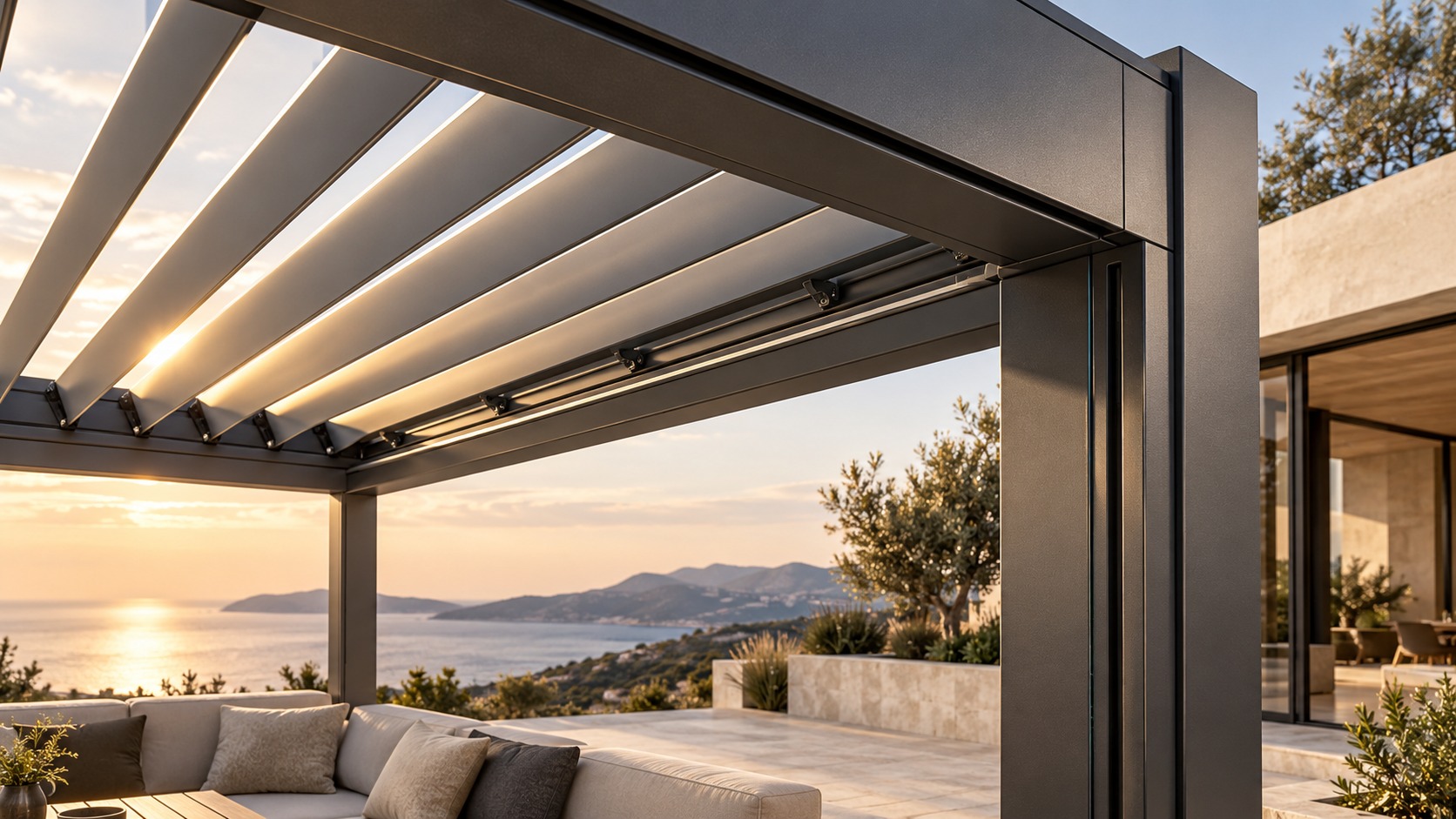 Bioclimatic Pergola detay renderı — temsili sistem görseli